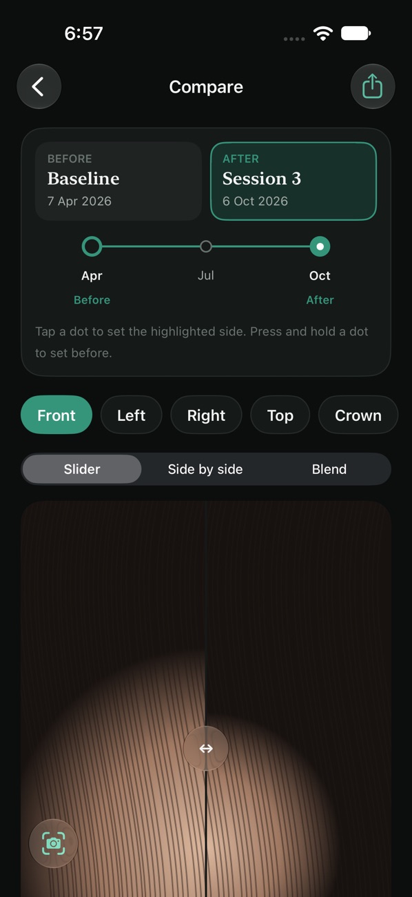 Hairbook Compare screen with a before and after slider