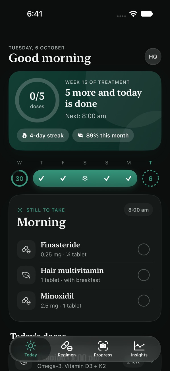 Hairbook Today screen listing this morning's doses